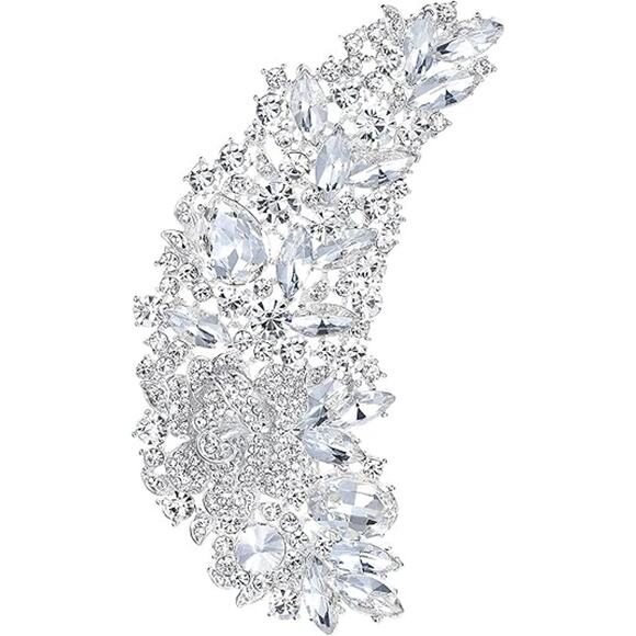 5 Inch Bridal Silver Tone Flower Bouquet Brooch Austrian Crystal